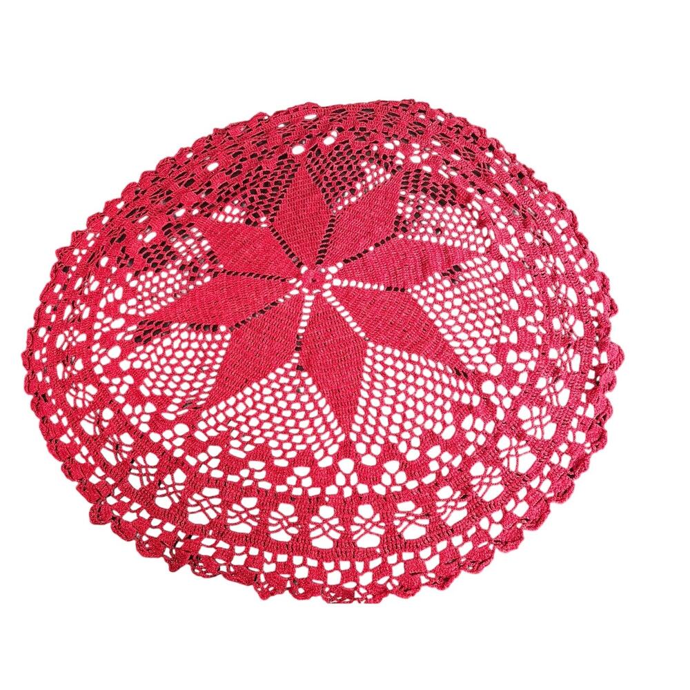 Large Crochet Doily Style Tablecloth- Round 40" cottagecore- Metallic Red